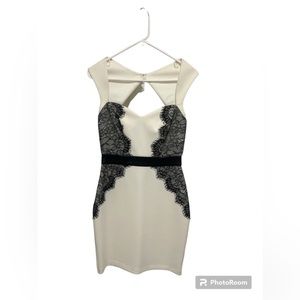 Dress, ivory with black lace and faux leather. Size 4